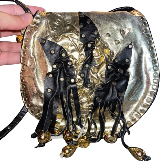 R Tash Of Miami Leather Crossbody Bag Metallic Gold And Black Tassels Metal Stud - Picture 1 of 9